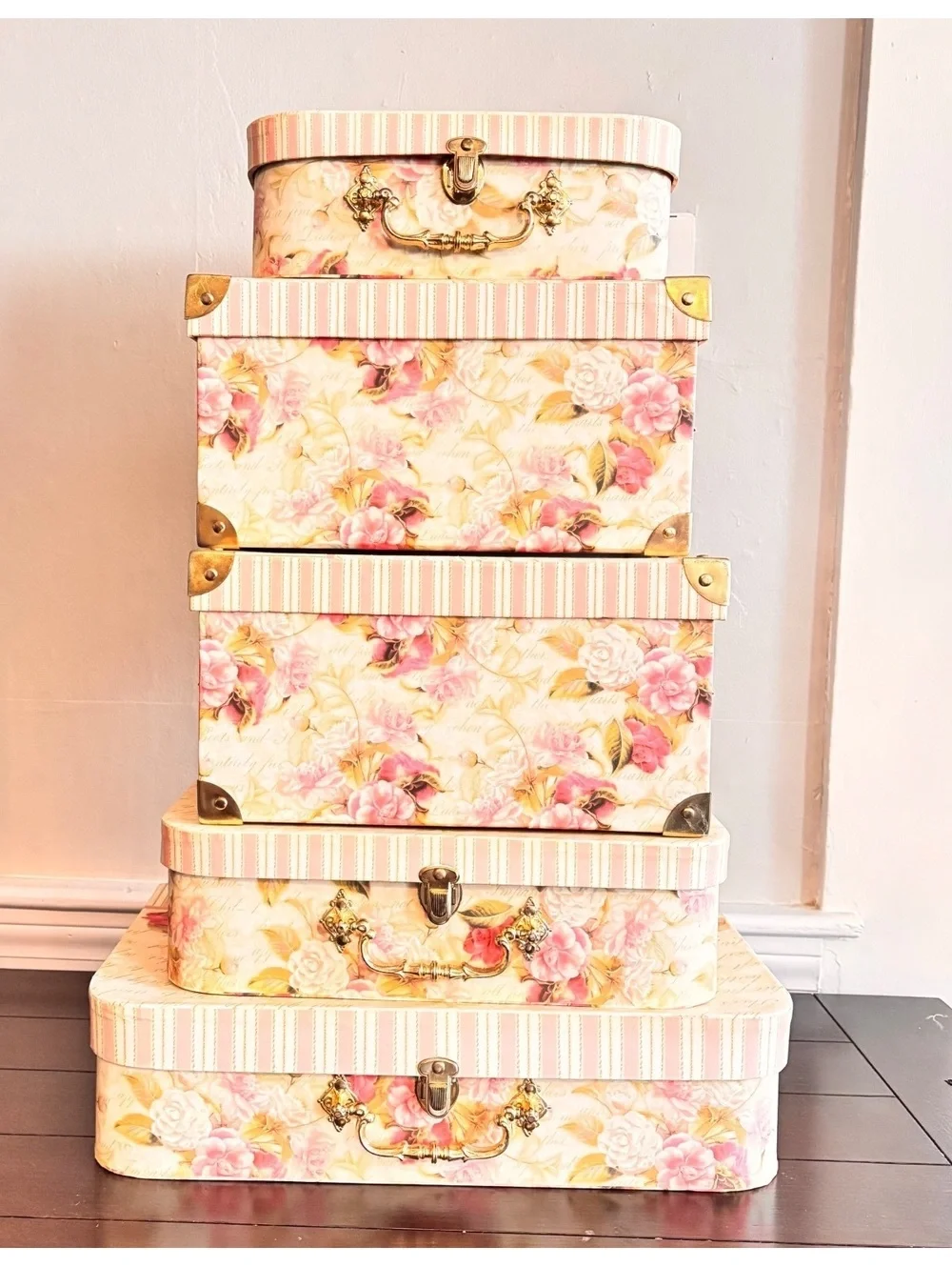 Set of 5 Decorative Floral Storage Boxes with Vintage Style Handles and StripedL